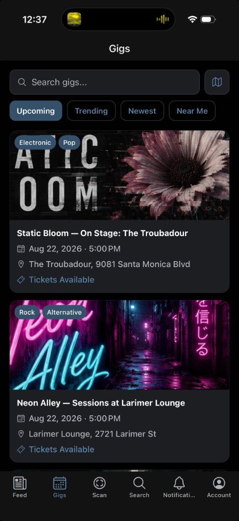 The Monekal iPhone app listing upcoming gigs
