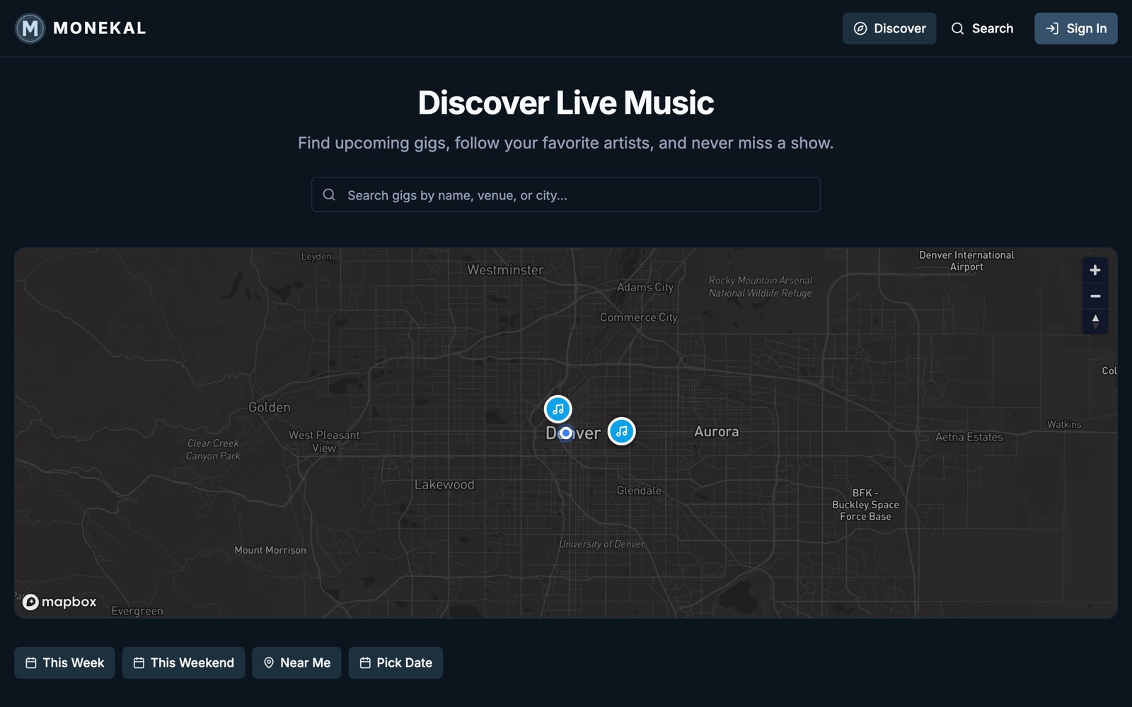 Monekal showing live music on a map of Denver